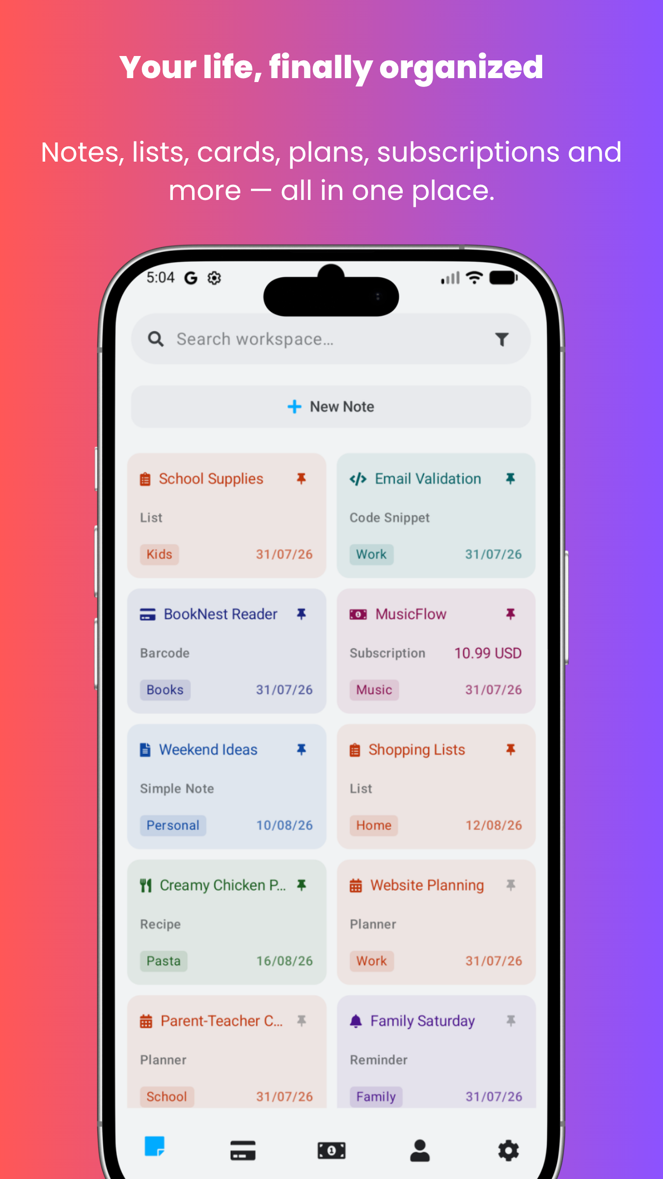 Stowlet home screen showing saved notes and cards