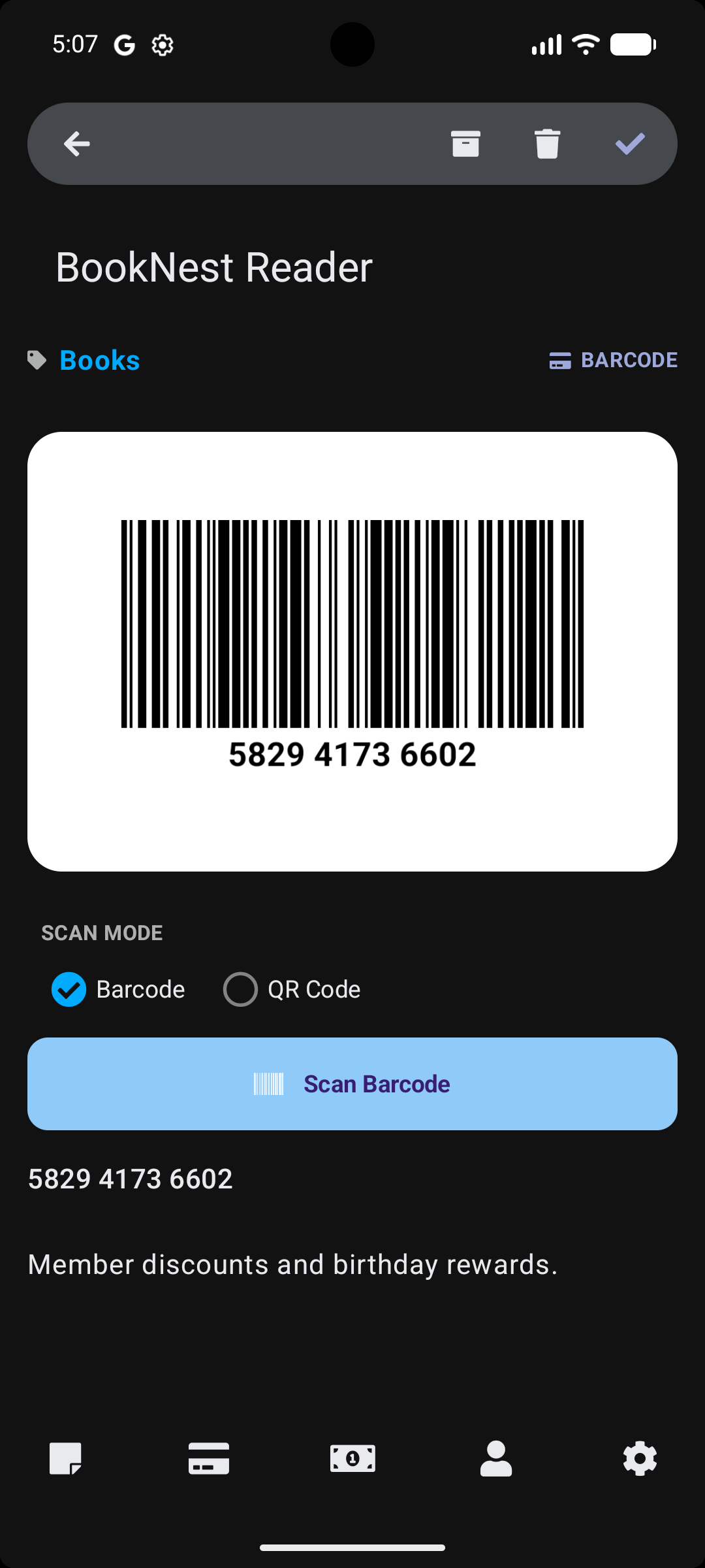 Stowlet card item barcode screen