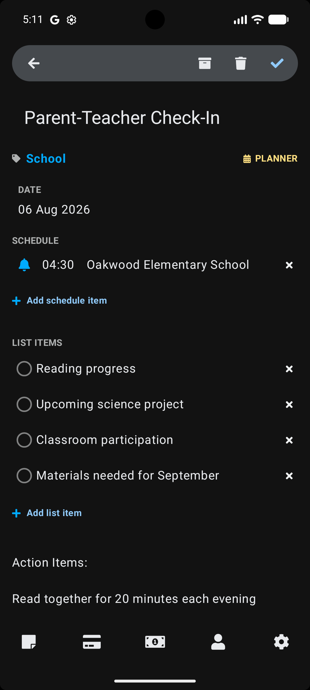 Stowlet planner items screen