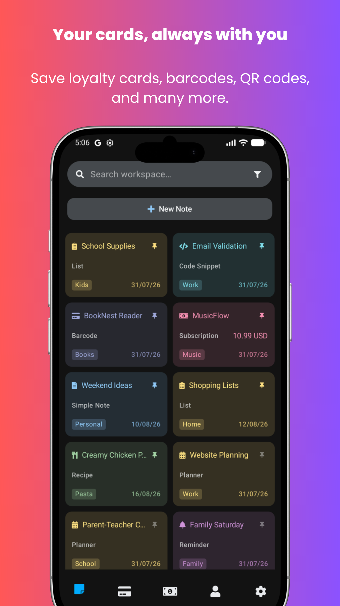 Stowlet reminder screen for saving important information